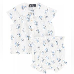 Belati White Blue Floral Set Girls size 1 Eyelet Shirt Bloomers Boutique Outfit